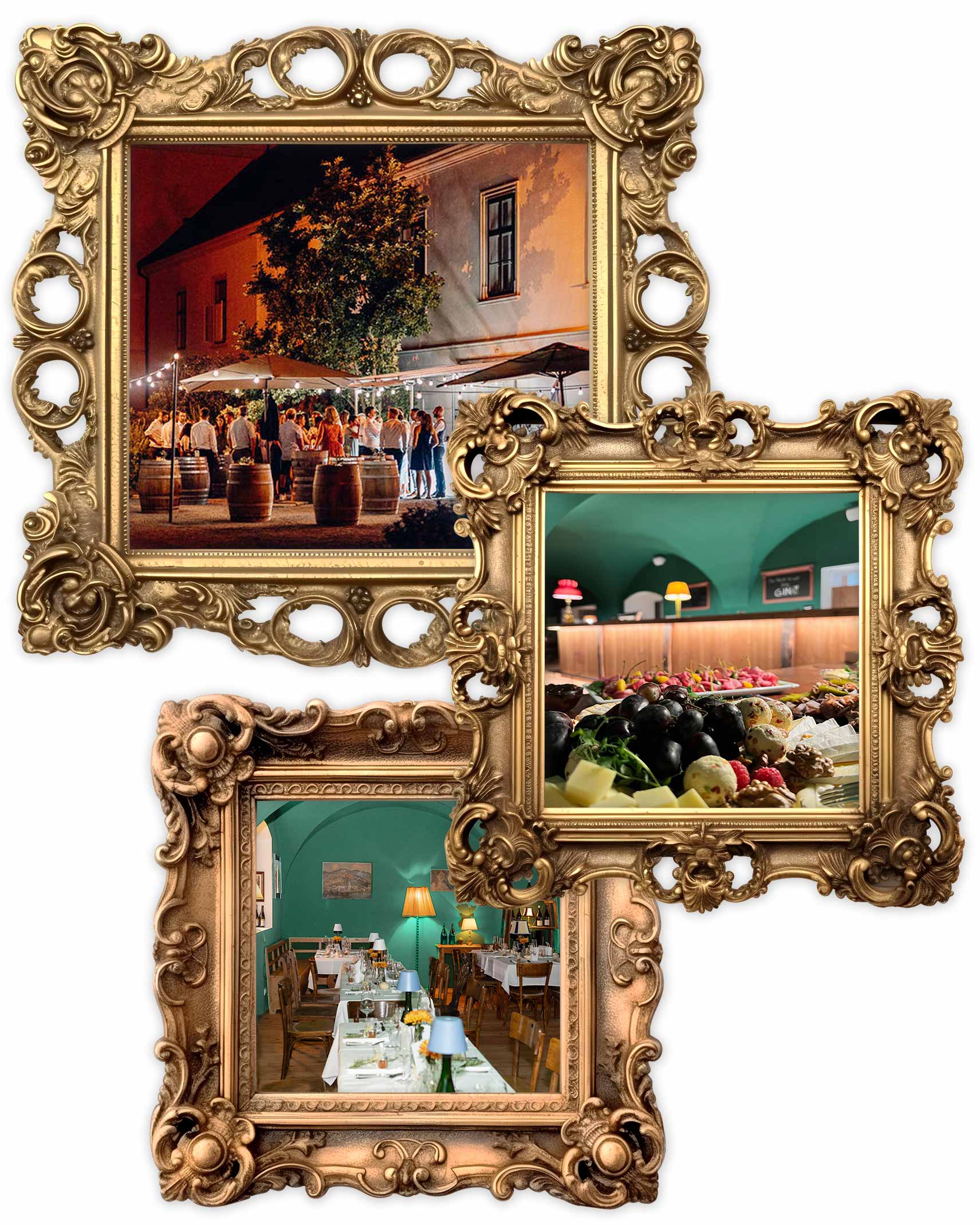 historische Bilderrahmen vergoldet mit Eventfotos aus der Grafenegg Weinlounge